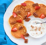 Sweet potato pancakes with candied pecans